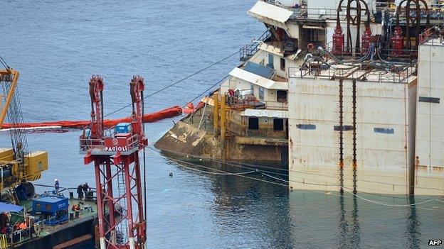 Water marks on the caissons connected to the Costa Concordia. 14 July 2014