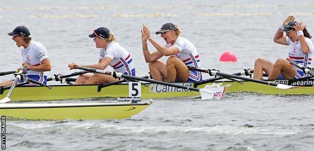 Sarah Winckless and Katherine Grainger, along with Frances Houghton and Rebecca Romero, win the quadruple sculls at the world championships in Japan in 2005