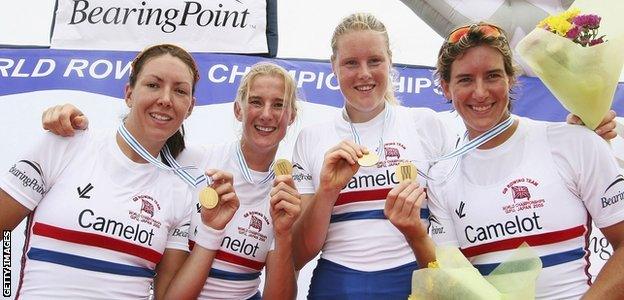 Rebecca Romeron, Sarah Winckless, Frances Houghton and Katherine Grainger after the medal presentation at the world championships in 2005