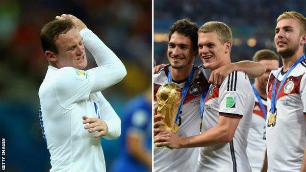 Wayne Rooney looks frustrated and Germany celebrate