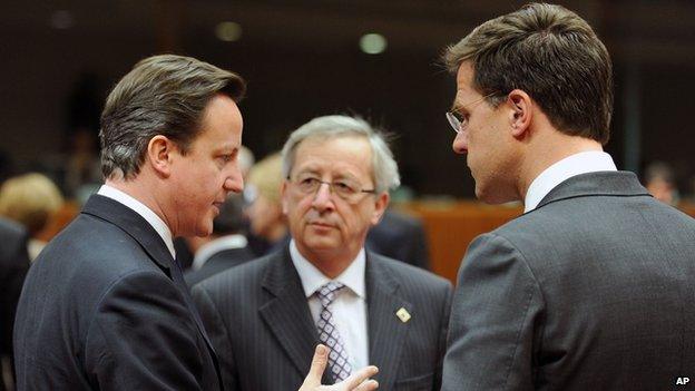 In this Friday, March 11, 2011 file photo, From left, British Prime Minister David Cameron, Luxembourg's Prime Minister Jean Claude Juncker and Dutch Prime Minister Mark Rutte speak with each other during an EU Summit in Brussels