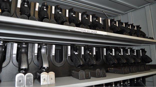 SIG Sauer pistols in a Colombian police armoury in 2010