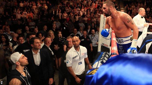 Tony Bellew taunted Nathan Cleverly (baseball cap) following his victory