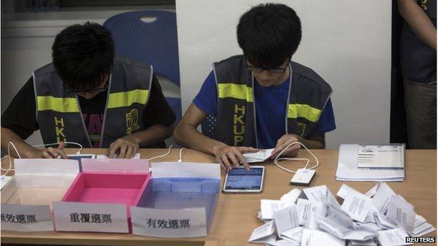 Electoral assistants count ballots at a polling station after the last day of civil referendum held by the Occupy Central organisers in Hong Kong on 29 June 2014