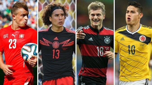 (L-R) Xherdan Shaqiri, Guillermo Ochoa, Toni Kroos, James Rodriguez