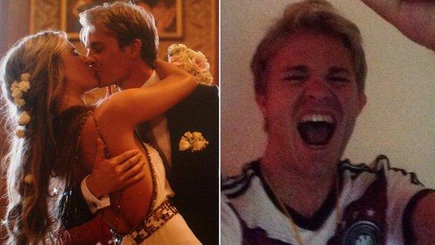Nico Rosberg kissing his bride and celebrating Germany's World Cup win.