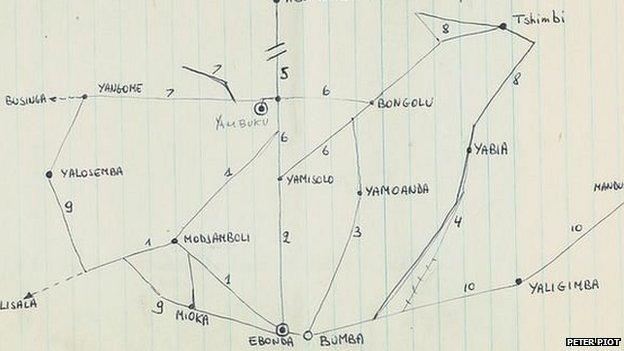 A hand drawn map from 1976 plotting out each village visited