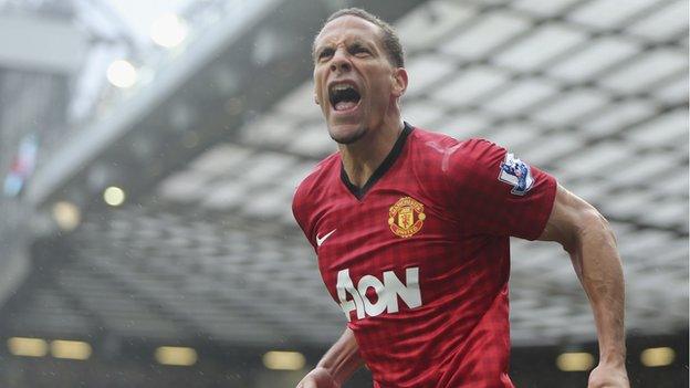 Rio Ferdinand celebrates scoring at Old Trafford.