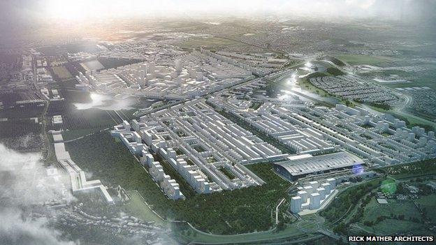 Artists impression of a design by Rick Mather Architects of Heathrow City