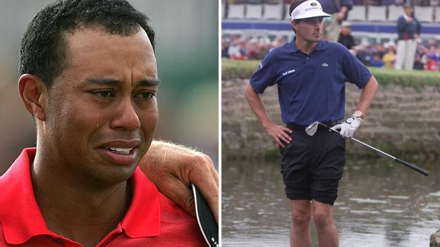 Tiger Woods sheds tears after winning the 2006 Open; Jean van de Velde stands ankle deep in a burn during the 1999 Open