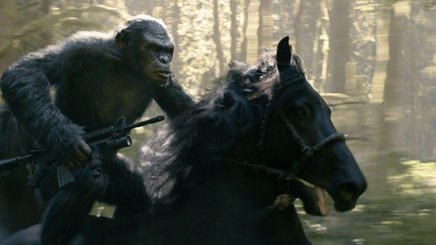 Caesar (on a real horse) in Dawn of the Planet of the Apes