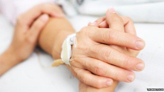 Two people holding hands in hospital bed