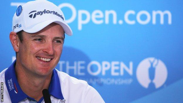 Justin Rose talking at a press conference before The Open