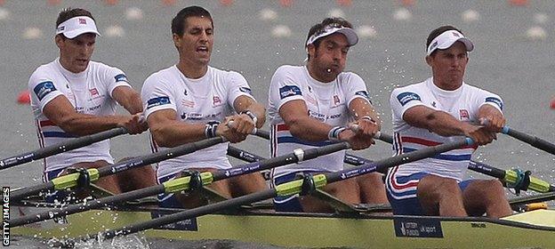 Graeme Thomas, Sam Townsend, Charles Cousins and Peter Lambert of Great Britain compete in the Men's Quadruple Sculls semifinal during day five of the 2013 World Rowing Championships