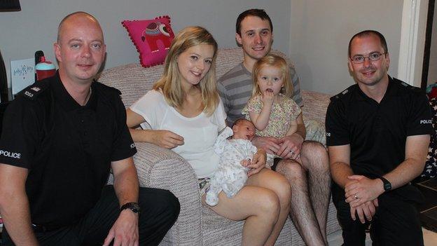 PC Andrew Masterson, Holly Mackie holding baby Rupert, Andrew Mackie holding Rose and PC Jerry Cohen