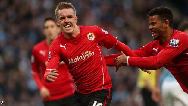 Cardiff City's Craig Noone celebrates scoring his team's opening goal against Manchester City last season