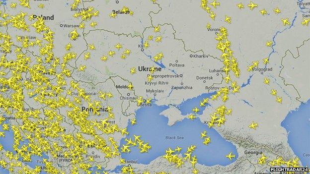 A map of Ukraine and surrounding countries tracking all active planes. Only a few planes cross Ukrainian air space