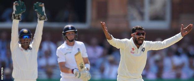 India's Ravindra Jadeja traps Joe Root lbw