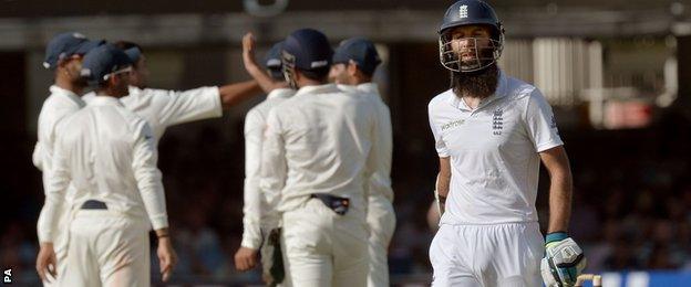 Moeen Ali put on 98 for the fifth wicket with Gary Ballance before being dismissed by part-time bowler Murali Vijay