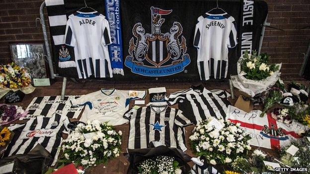 Tributes to John Alder and Liam Sweeney outside Newcastle United's St James Park