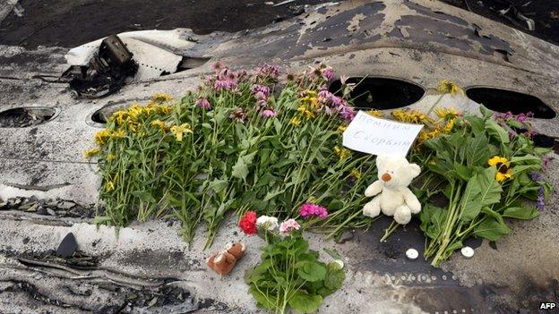 Flowers, teddy bears and a note reading "Remember. Mourn" lie at the crash site. Photo: 19 July 2014