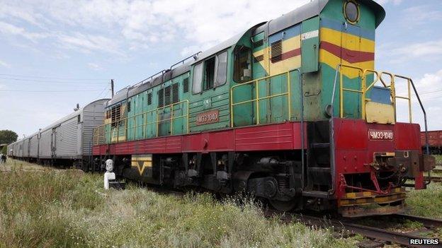 General view of a train of refrigerator wagons, which is thought to contain bodies of passengers of the crashed Malaysia Airlines plane, July 20, 2014.