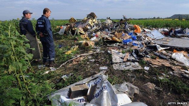 Employees of the Ukrainian State Emergency Service at wreckage of Malaysia Airlines flight MH17