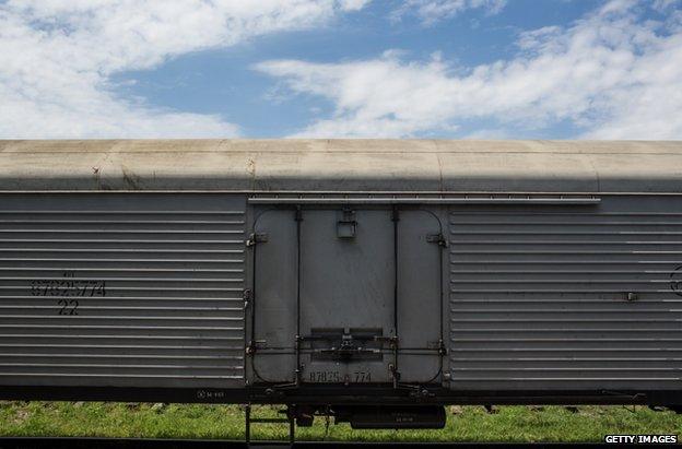 A freight wagon carrying the remains of MH17 victims in Torez station, eastern Ukraine, 20 July