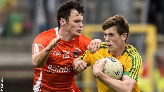 Caolan McConville and Eoghan Ban Gallagher contend for possession