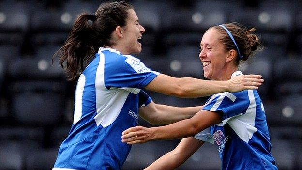 Birmingham goalscorer Jo Potter (right) celebrates with team-mate Karen Carney