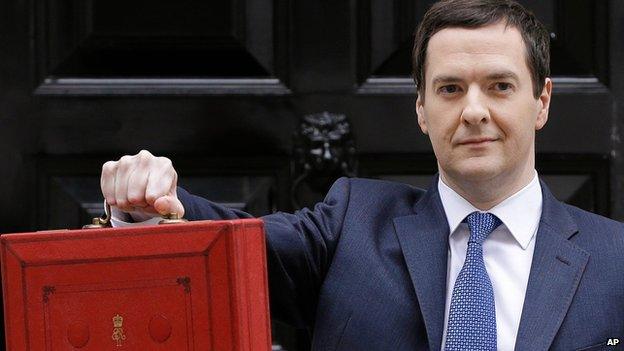 Chancellor George Osborne with his red dispatch box ahead of the Budget on 19 March 2014