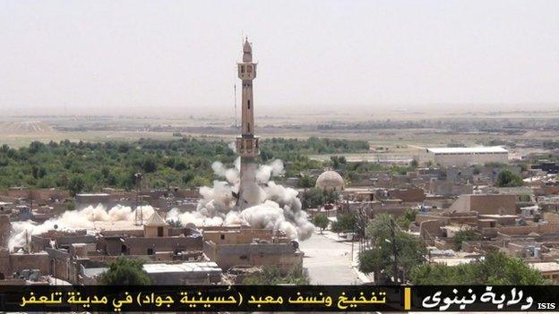 Isis image of the destruction of a Shia mosque in Nineveh