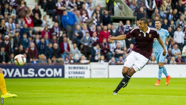 Osman Sow scores for Hearts against Manchester City