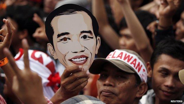 A supporter of Indonesian presidential candidate Joko Widodo holds a mask during a rally at Gelora Bung Karno stadium in Jakarta on 5 July, 2014