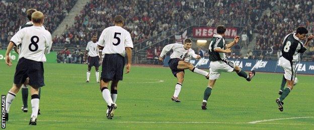 Steven Gerrard scores for England against Germany