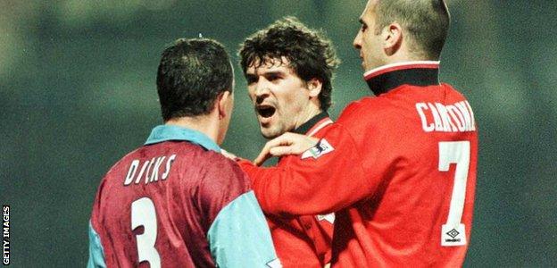 Julian Dicks of West Ham in row with Eric Cantona and Roy Keane of Man Utd