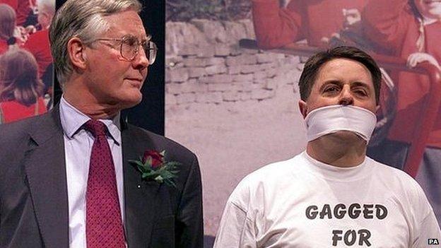 Nick Griffin makes a protest at the 2001 general election count in Oldham West, where Labour MP Michael Meecher (left) was elected