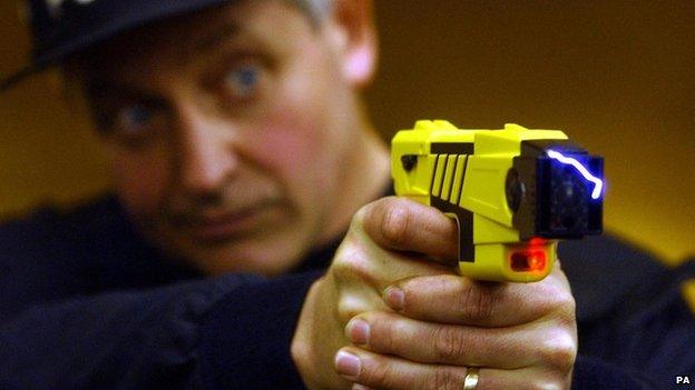 Police officer firing taser