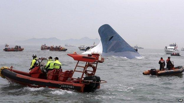 South Korean rescue workers surround the sinking ferry Sewol - 16 April 2014