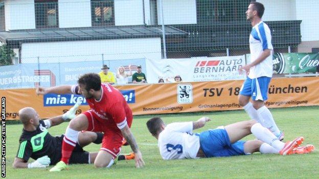 Adam Le Fondre scores his first goal for Cardiff City against Albanian side KS Teuta Durres