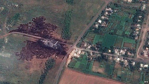 A satellite photograph of the MH17 crash site