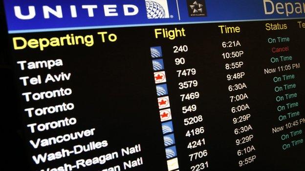 A United Airlines electronic departure board at Newark International Airport in New Jersey