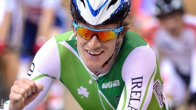 Martyn Irvine celebrates after winning his World Track gold in Belarus last year