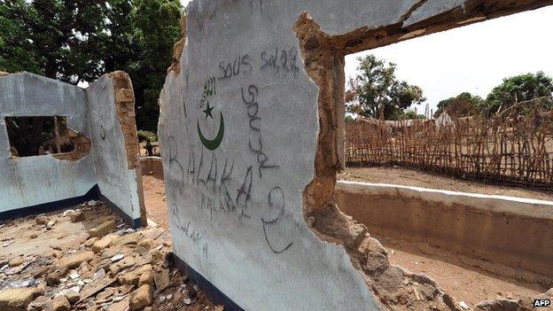 A mosque destroyed in Boyobane in CAR on 7 March 2014