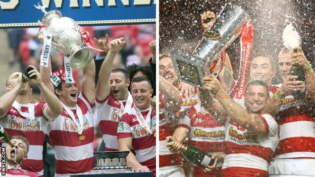 Wigan with the Challenge Cup and Super League trophies