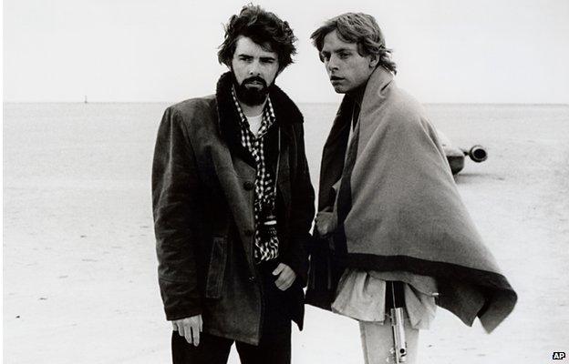 George Lucas and Mark Hamill on the set of Star Wars