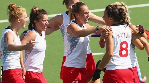 England celebrate victory against Wales at the Commonwealth Games in Glasgow