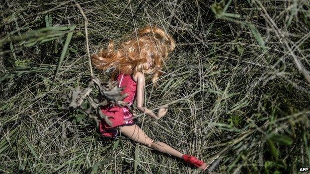 A child's toy who died in the downed Malaysia Airlines flight MH17 is pictured in a field near the village of Grabove, in the Donetsk region, 23 July 2014