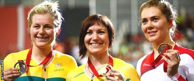 Silver medalist Stephanie Morton of Australia, Gold medalist Anna Meares of Australia and bronze medalist Jess Varnish of England