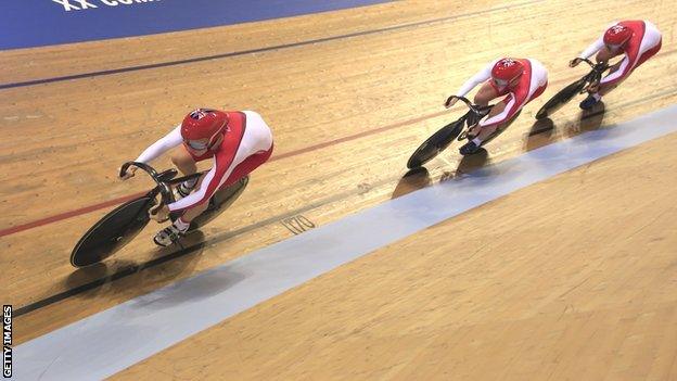 England trio Kian Emadi, Philip Hindes and Jason Kenny compete in the men's team sprint